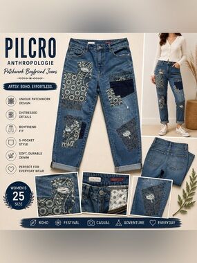 Pilcro Anthropologie Patchwork Boyfriend Jeans Women’s 25 Distressed Boho